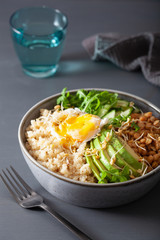 quinoa bowl with egg, avocado, cucumber, lentil. Healthy vegetarian lunch