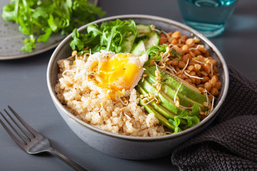 quinoa bowl with egg, avocado, cucumber, lentil. Healthy vegetarian lunch