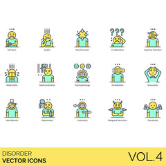 Disorder icons including self harm, apathy, confabulation, cognitive distortion, depersonalization, psychopathology, derealization, dissociation, false memory, kleptomania, irrationality, narcissism.