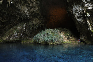 Covered part of the Melissani cave located on the island of Kefalonia, northwest of Sami town, Ionian Islands region, Greece.
