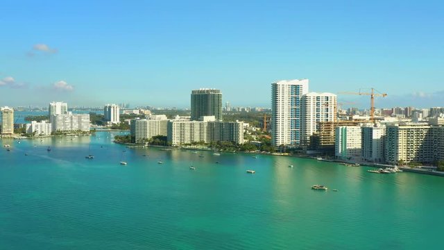 Aerial stock video Miami Beach bayfront condominium apartments 4k