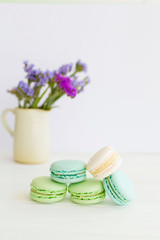 Different types of macaroons at daylight