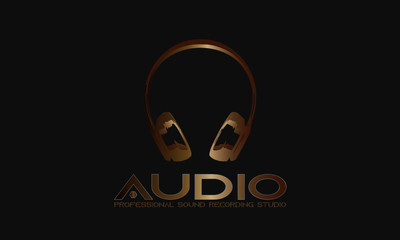 DJ Dance Party, Recording Studio Emblem, Gold Wireless Headphones And Wave