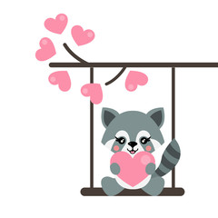 cartoon cute raccoon with heart on a swing and on a lovely branch