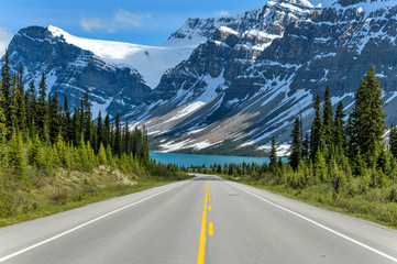 Icefields Parkway at Bow Lake - A Spring evening view of Icefields Parkway extending towards Bow Lake, with BowCrow Peak, Crowfoot Glacier and Crowfoot Mountain rising high behind, Banff National Park - obrazy, fototapety, plakaty