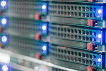The server equipment is close-up. Powerful computer clusters of the data center. Computing power of...