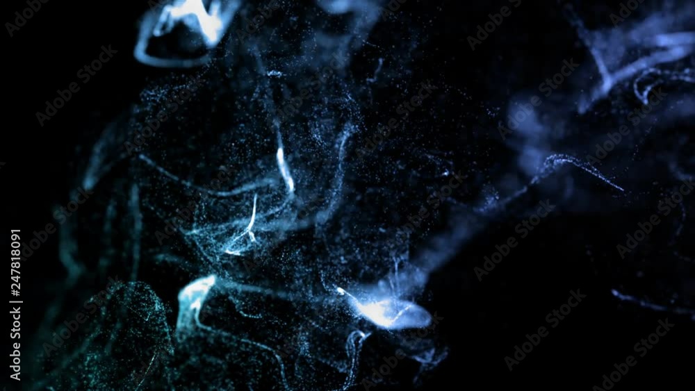 Aufkleber 3d ink effect advection in 4k. glitter in stream of invisible ink in water. 3d render with depth of 