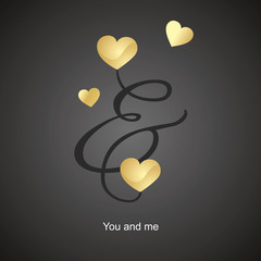 You and me in love two linked hearts Valentines Day gold black logo sign