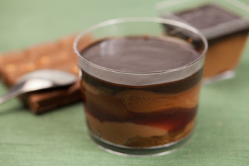 Bowl with delicious chocolate cream, spoon and nuts on wooden table