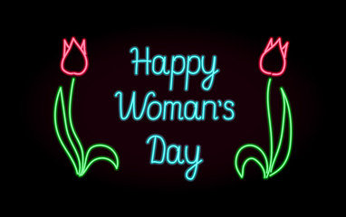 8 march neon. Glowing neon banner of world womans day on dark  background. Spring greeting card. Realistic neon sign.