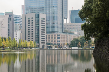 Fototapeta na wymiar Modern urban background with Tokyo downtown Marunouchi business district and water reflections of trees and buildings as seen across pond in November.