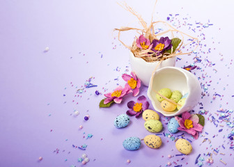 Easter decor in pastel colors. Easter eggs, candy, sweets, flowers and eggshells.