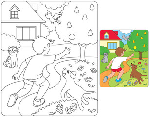 Coloring page boy and dog