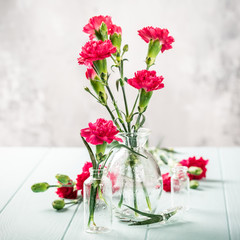 Obraz na płótnie Canvas Bouquet of pink carnation in glass vase on light turquoise wooden background. Mothers day, birthday greeting card. Copy space.
