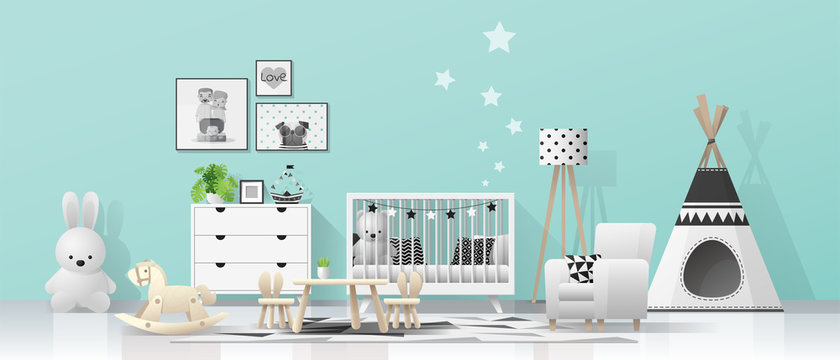 Interior background with modern baby room , vector , illustration