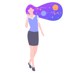 Young girl character. Astronomer. Starry sky in the hair. Conceptual illustration.