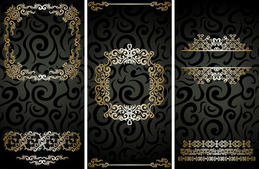 Set of three vector cards with a beautiful frames on dark floral seamless background