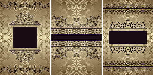 Set of three vector vintage cards with a beautiful baroque patterns, frames and golden seamless background. Can be used for wedding invitation