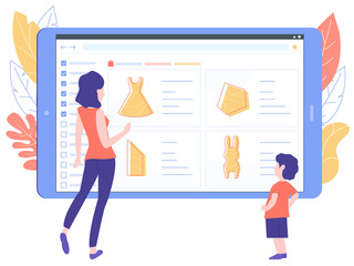 Mom and son are standing at the tablet screen. Shopping on the Internet. Family shopping online. Store webpage. Hero image illustration.