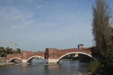 Naklejka premium Castelvecchio Castle Bridge In Verona. Travel, holidays, architecture. March 30, 2015. Verona, Veneto region, Italy.