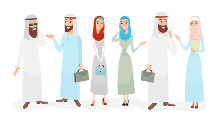 Vector illustration set of Arab muslim businessman and businesswoman talking. Muslim people teamwork. Arabic characters in traditional clothes in cartoon flat style.