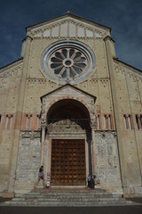 Main Facade Of The Basilica Of San Zenon In Verona. Travel, holidays, architecture. March 30, 2015. Verona, Veneto region, Italy.