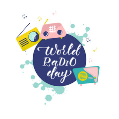 WORLD RADIO DAY-hand drawn typography poster. Cartoon style vector illustration with radio. Celebration quotation for card, postcard, logo, badge. Vector illustration EPS