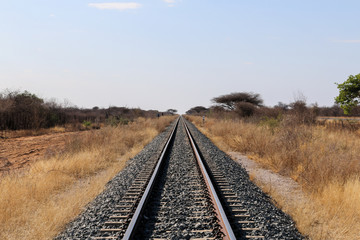 Fototapeta premium Eisenbahnstrecke in durch die Kalahari in Namibia