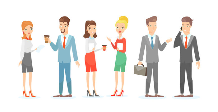 Vector illustration set of business characters. Talking colleagues, businessman and businesswoman handshake, teamwork concept in flat cartoon style.
