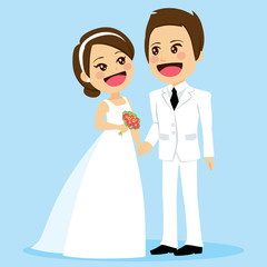 Illustration of cute couple in white dress on wedding day holding hands looking each other tenderly with love