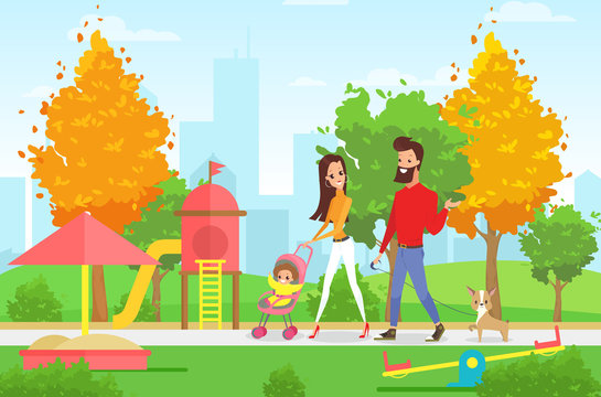 Vector illustration of young family with toddler and baby walking in park with playground outdoor with modern cityscape background in cartoon flat style.