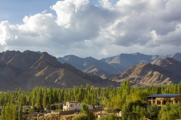 Fototapeta na wymiar village houses in a green forest against the backdrop of desert mountains under heavy clouds