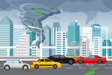 Obraz premium Vector illustration of swirling tornado and flood, thunderstorm in big modern city with skyscrapers. Hurricane in city, car crash, danger concept in flat style.