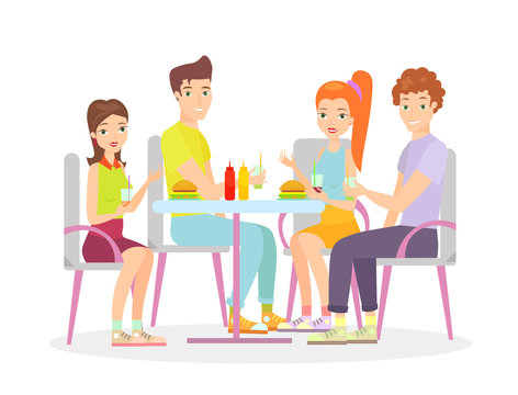 Vector illustration of happy friends are sitting at a table and have meal together. Happy young women and men friends talking and smiling in flat cartoon style.