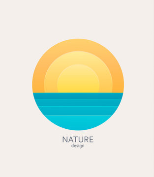 Nature logo, emblem or sticker. Simple landscape with sun and sea.Concept for summer, holidays, travelling.Template label for tour agencies advertise. Vector illustration of sunset or sunrise.