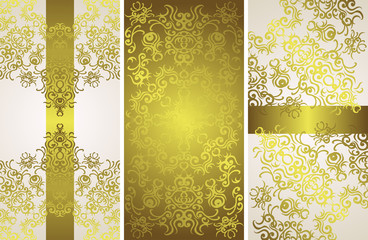 Set of three vintage stylish invitations with luxury gold decoration on pastel background     