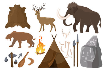 Vector illustration of big set of elements of stone age attributes. Primitive ice age elements. Stone age. Hunting tools, mammoth, wigwam and animals bones and skin for anicent time concept in flat © Natalia