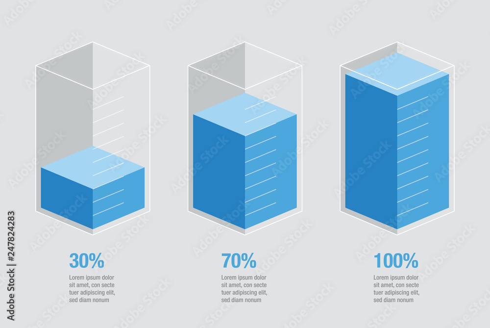 Poster blue liquid histogram glass bars display. flat design inforchart infographic template with text 30% 