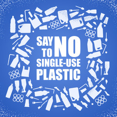 Say no to single-use plastic. Problem plastic pollution. Ecological poster. Banner composed of white plastic waste bag, bottle and text on blue background.
