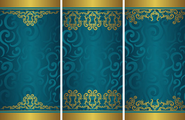 Set of three templates for cards, invitations, posters, banners. Vintage luxury gold decoration on floral blue background   