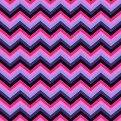 Seamless bright abstract pattern. Geometric zig zag print composed of zigzag lines purple, pink, blue, black colors.