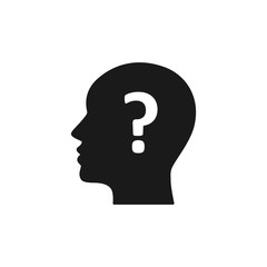 Black isolated icon of head of man and question mark on white background. Silhouette of head of man and question mark. Symbol of idea, doubt. Flat design.