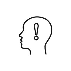 Black isolated outline icon of head of man and exclamation mark on white background. Line icon of head of man and exclamation mark. Symbol of idea. Flat design.