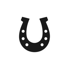 Black isolated icon of horseshoe on white background. Silhouette of horseshoe. Flat design. Symbol of luck.