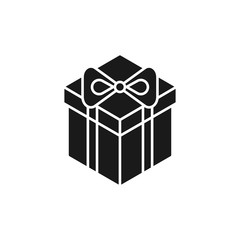 Black isolated icon of gift box on white background. Silhouette of isometric gift box. Flat design.