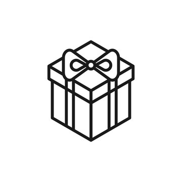 Black isolated outline icon of gift box on white background. Isometric line Icon of gift box.