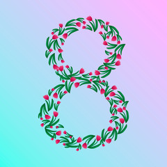 Icon for the International Women's Day. Flyer for March 8 with the decor of flowers. the number 8  with a pattern of spring leaves and flowers