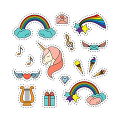 Unicorn with closed eyes, harp, musical notes, sweets and other fashion patch badges.