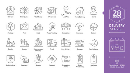 Delivery service editable stroke outline icon set with fast express package shipping, quick courier, cargo truck and van speed transport, parcel warehouse and food export silhouette line sign. - obrazy, fototapety, plakaty