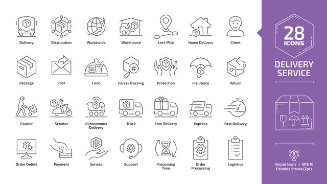 Delivery Service Editable Stroke Outline Icon Set With Fast Express Package Shipping, Quick Courier, Cargo Truck And Van Speed Transport, Parcel Warehouse And Food Export Silhouette Line Sign.
